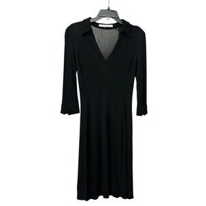 Diane Von Furstenberg XS Black Dress Collar 3/4 Sleeve Sheer Midi Stretch #P12-4